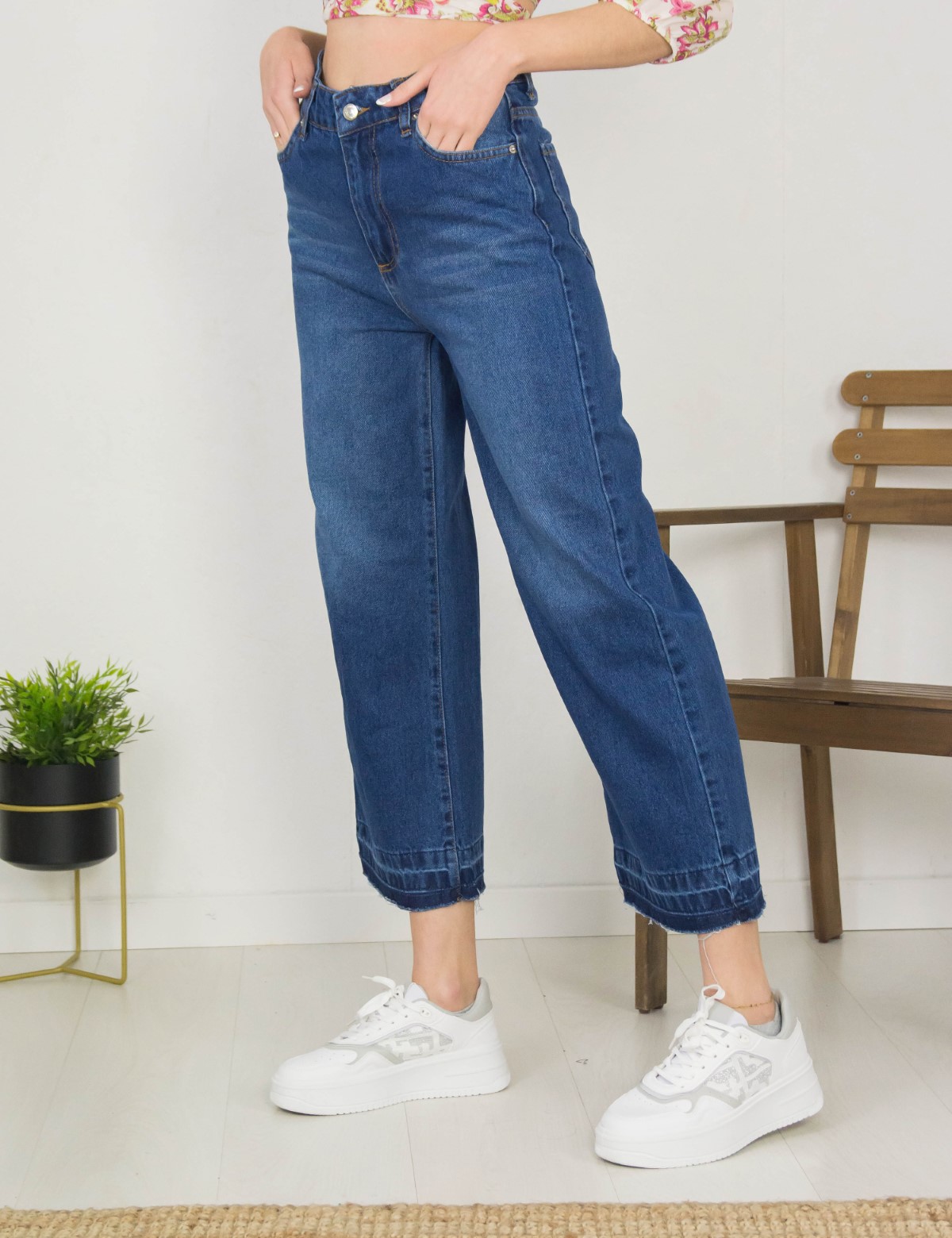  Γυναικείο μπλε Wide Leg τζιν με ξέβαμμα και ξέφτια LY4173F 2025